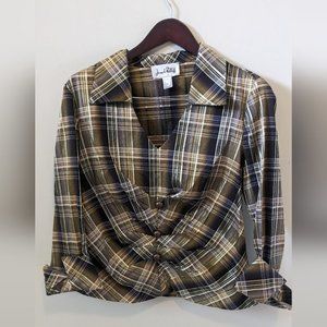 Joseph Ripkoff Gold  Plaid Blouse 3/4 length sleeves 12